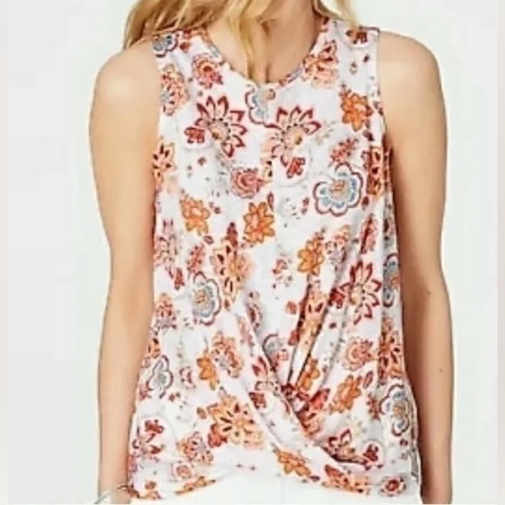 Soft Linen Floral Twist-Front Sleeveless Top - White with Orange Floral